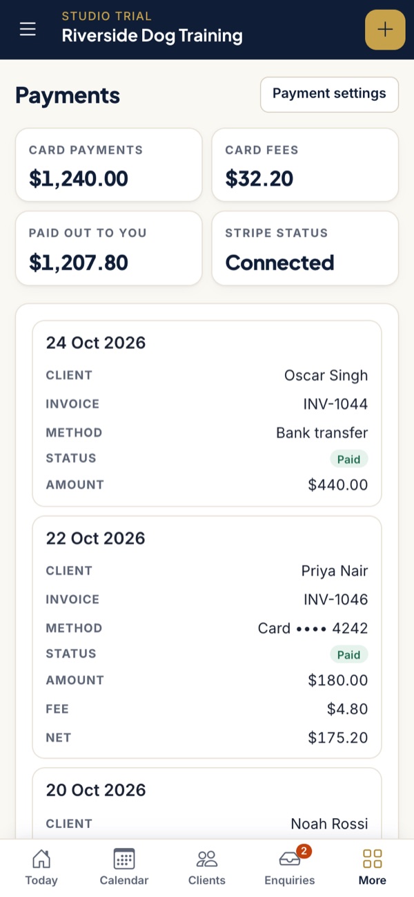 Payments received on a phone, with card fees shown on their own line