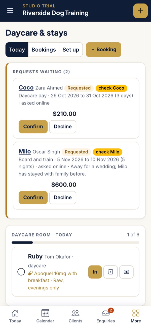 The day board on a phone, listing today's day training dogs and board and train stays with check-in buttons