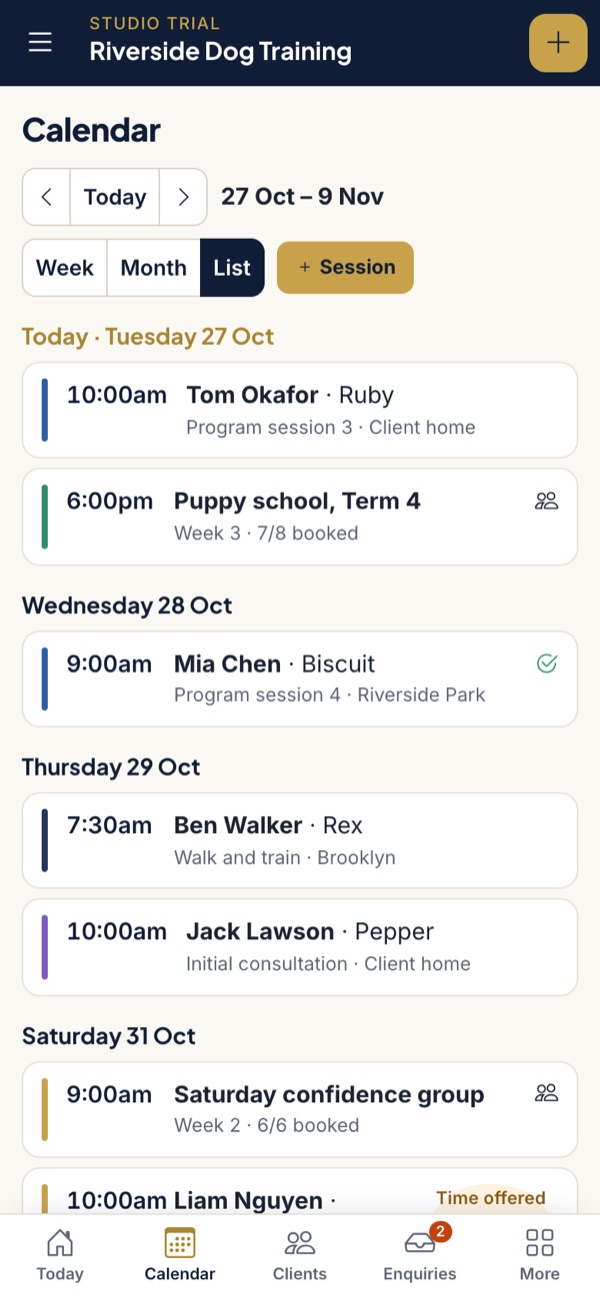 The PackOffice calendar on a phone, listing private sessions and group classes for the week