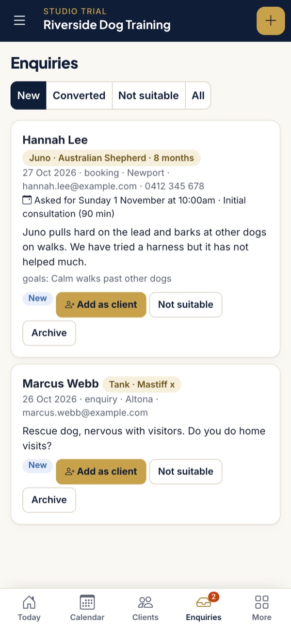 An enquiry on a phone with the owner's answers and the dog's details, ready to turn into a booking