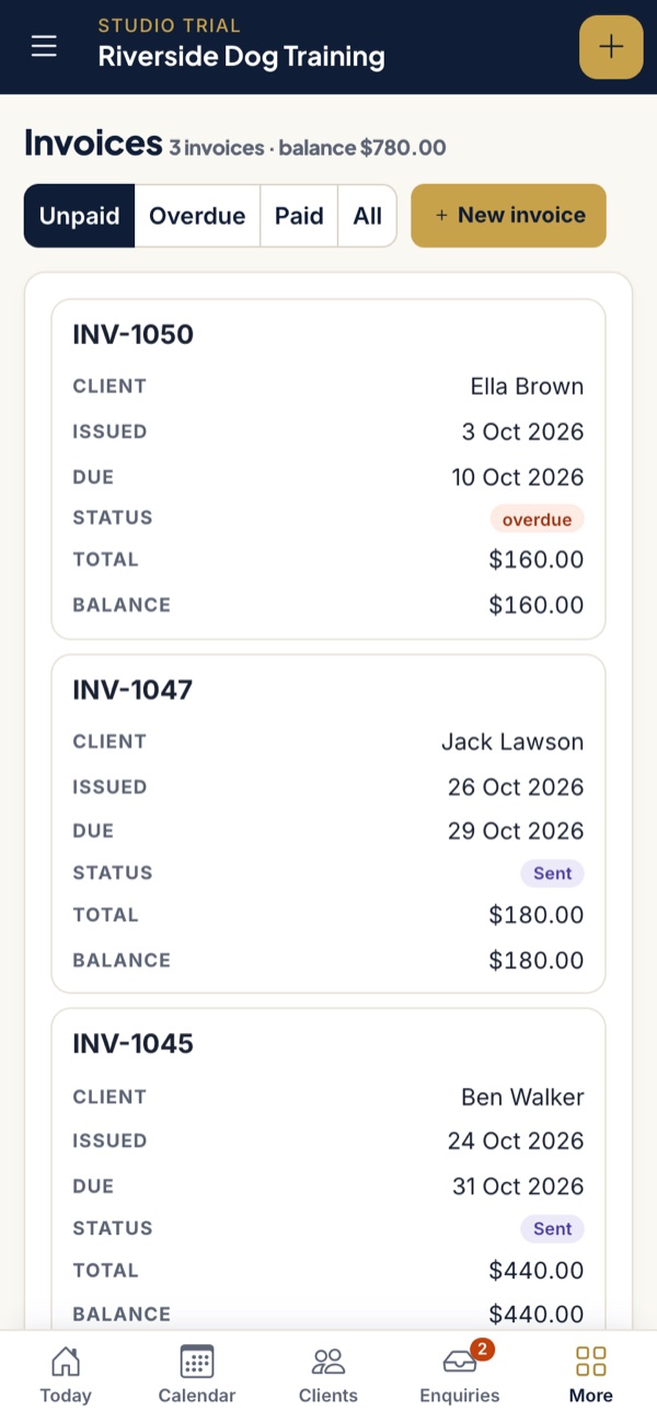 The invoices list on a phone, filtered to unpaid invoices with due dates and amounts