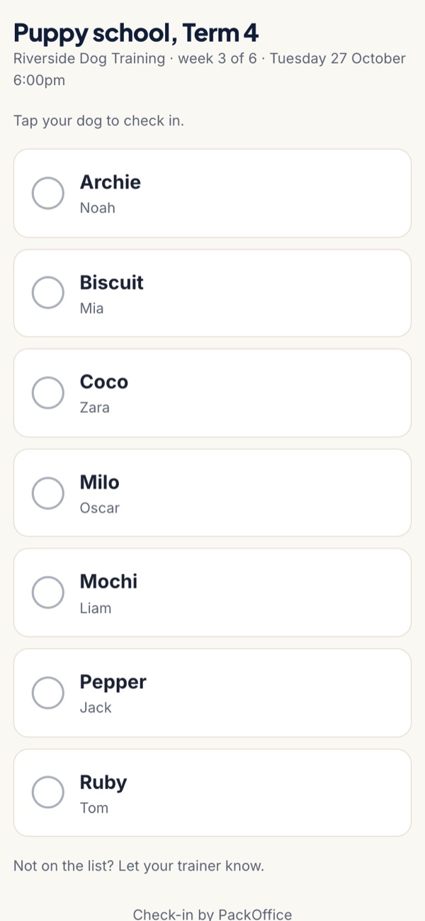 The class check-in page an owner sees on their phone after scanning the QR code