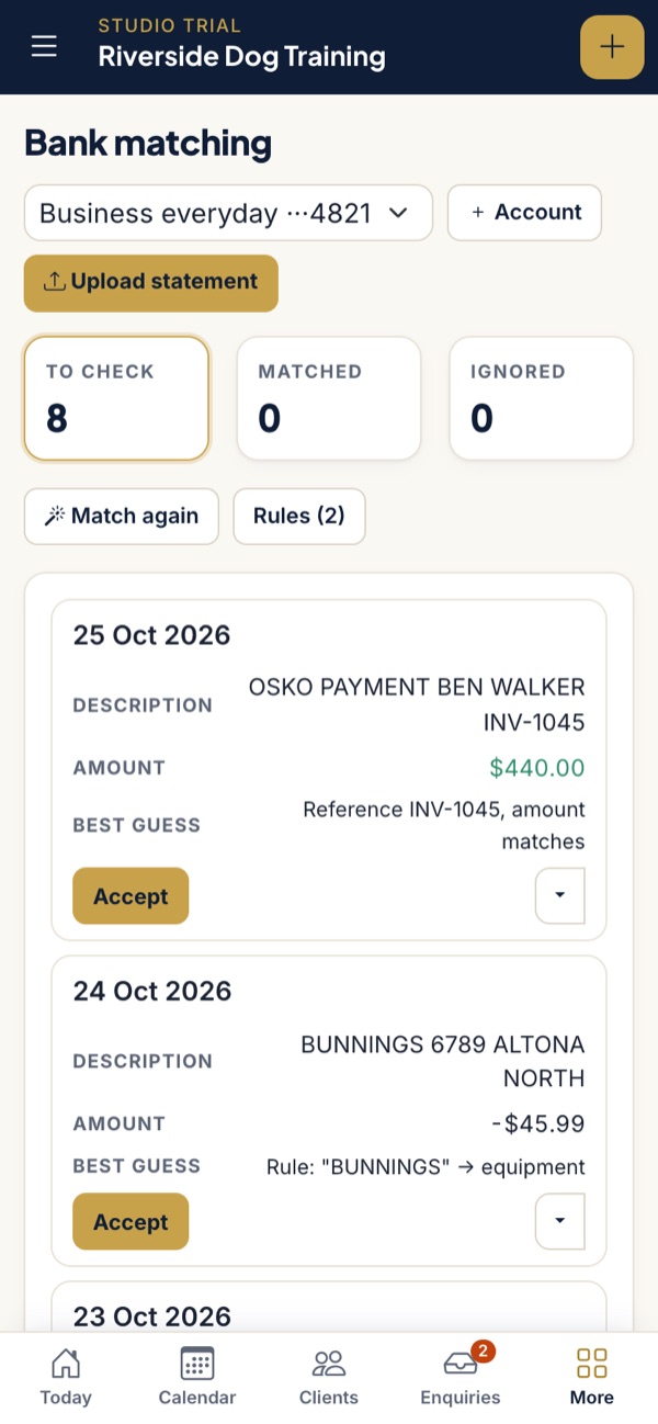 Bank statement lines on a phone, each matched to an invoice, a Stripe payout or an expense