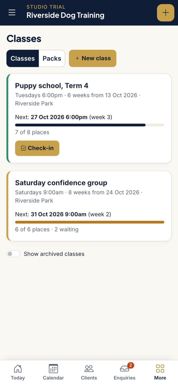 Group classes on a phone, each showing places taken, the next week and a waitlist count